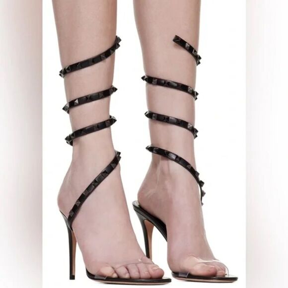 Valentino Garavani Rockstud Wrap Around 100mm Leather PVC Sandals EU 39.5 US 9.5 - Picture 2 of 10